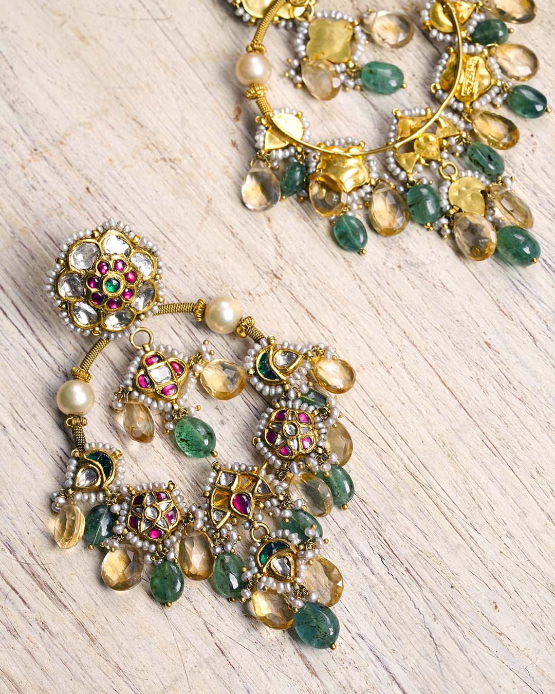 Vasundhara Yellow And Green Gemstone Gold Baali Earrings
