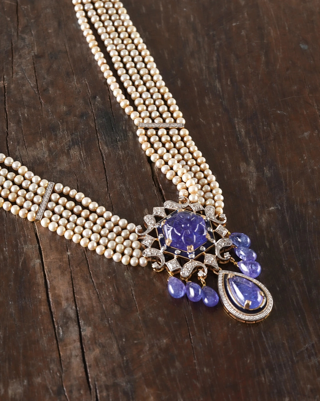 Eza tanzanite necklace with diamonds blue enamel and cultured pearls