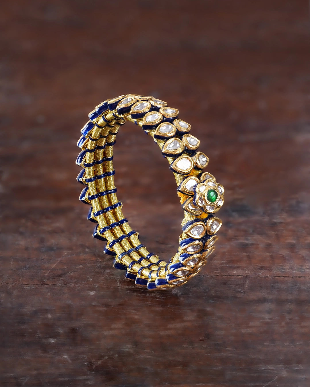 Jui kundan polki bracelet with emerald and blue enamel