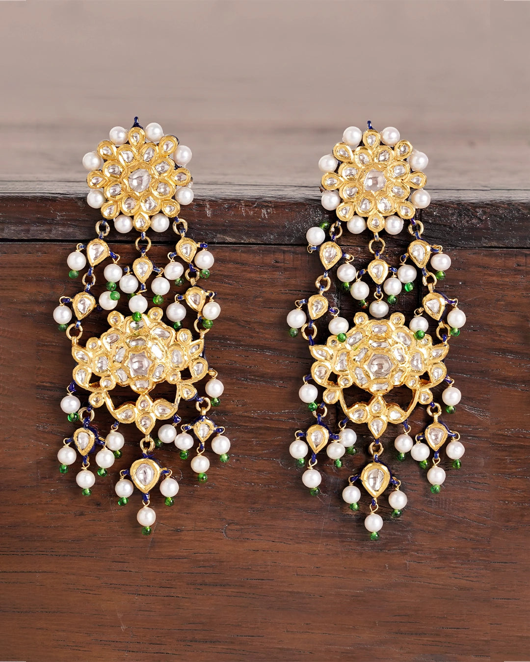 Kiaan Polki Uncut Diamond Earrings in Gold with Green Accents