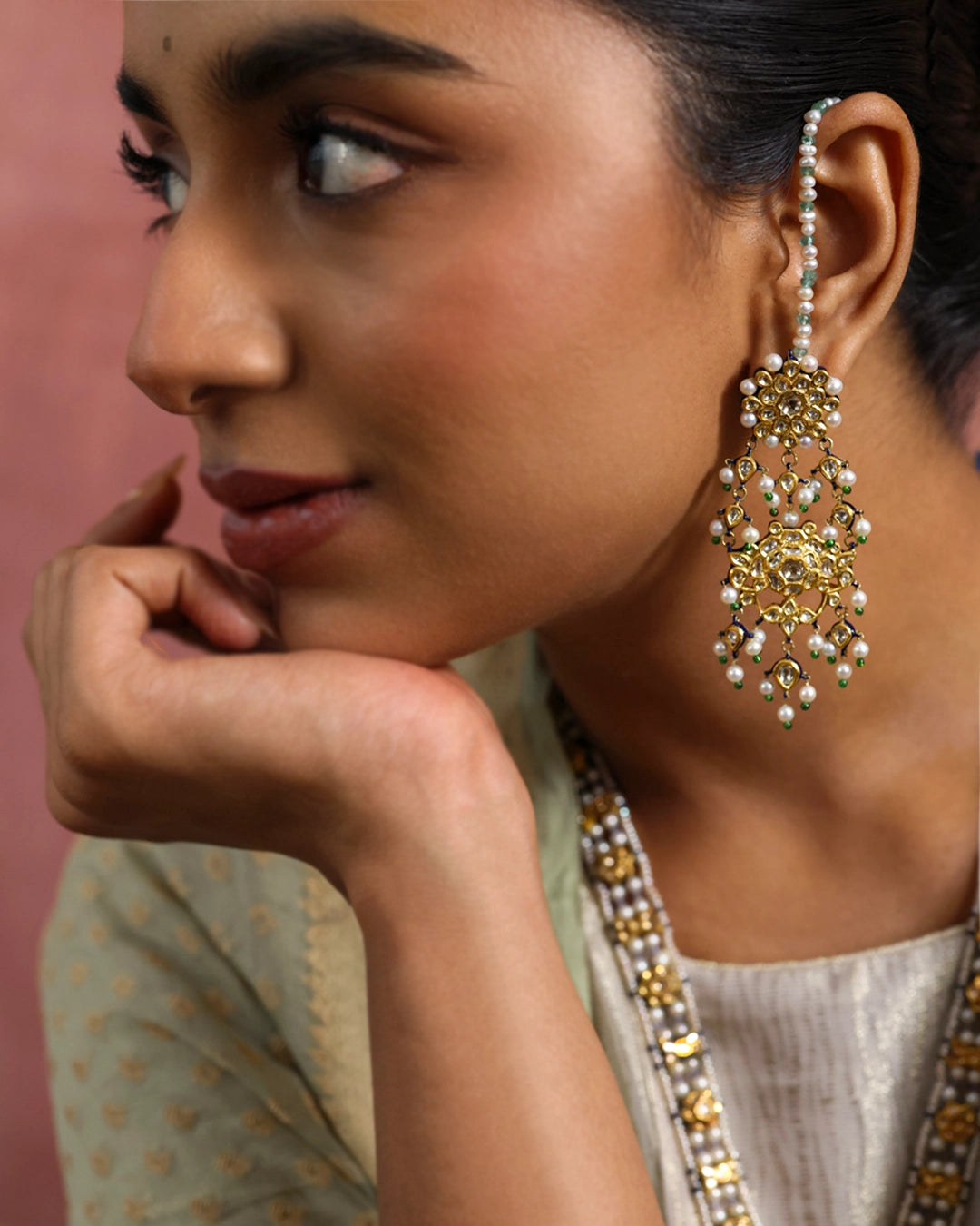 Kiaan Polki Uncut Diamond Earrings in Gold with Green Accents