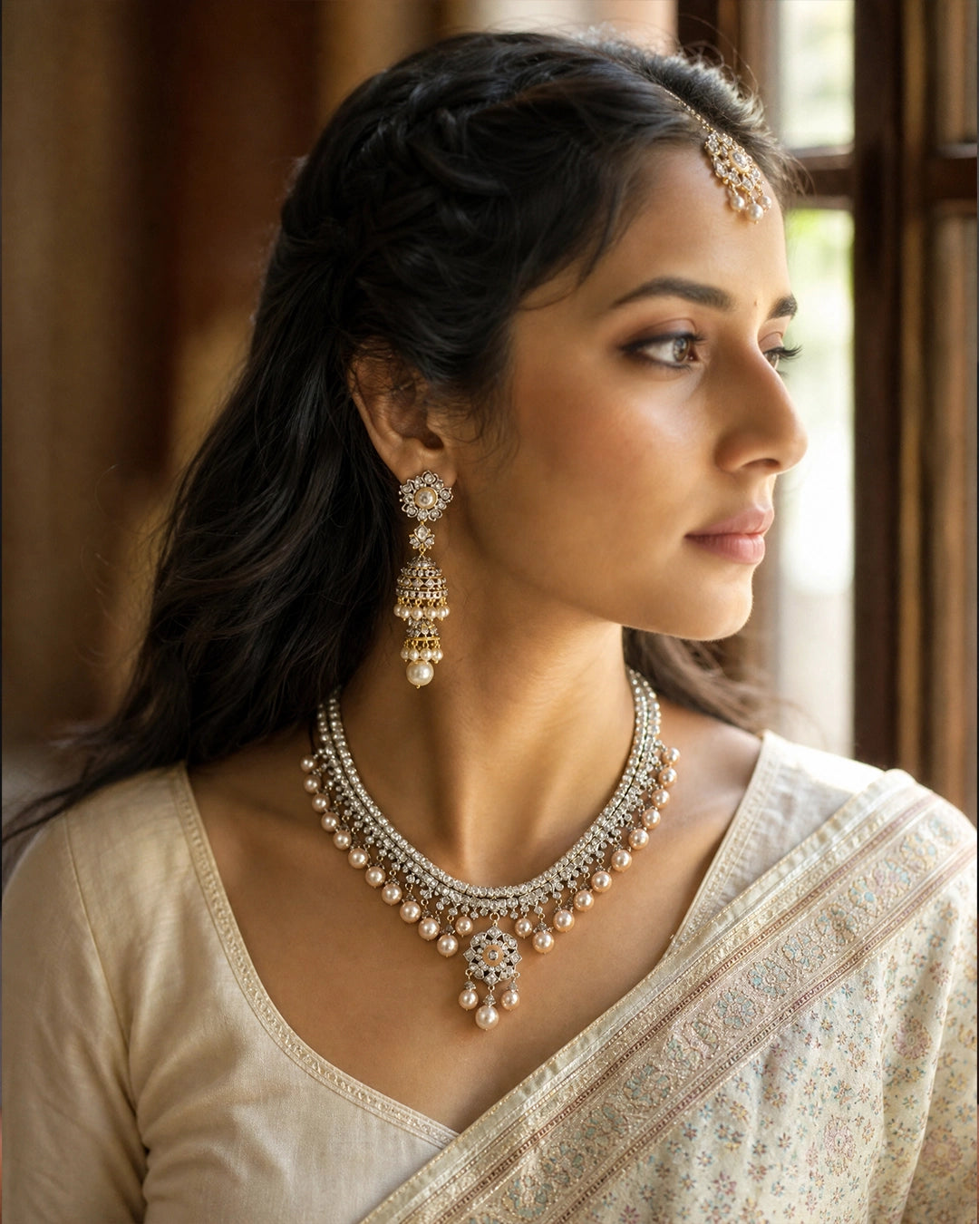 Model wearing the Aurus Jewels Mukta Necklace — a gold diamond and cultured pearl necklace with cascading drops and a central pendant, styled gracefully at the neckline