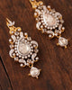 Naaz Earrings in gold featuring a drop-shaped natural rose-cut diamond center, surrounded by a brilliant-cut diamond halo and intricate rose-cut and brilliant-cut diamond detailing.