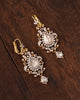 Naaz Earrings in gold featuring a drop-shaped natural rose-cut diamond center, surrounded by a brilliant-cut diamond halo and intricate rose-cut and brilliant-cut diamond detailing.