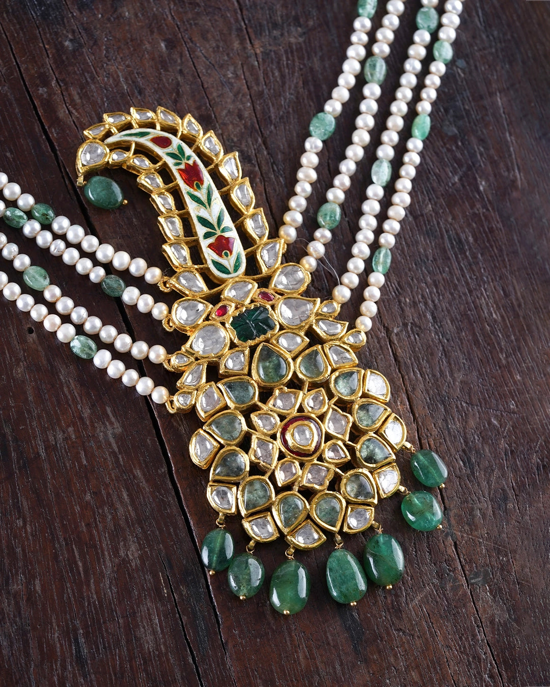 Nawaz polki and emerald bridal necklace with pearls and meenakari