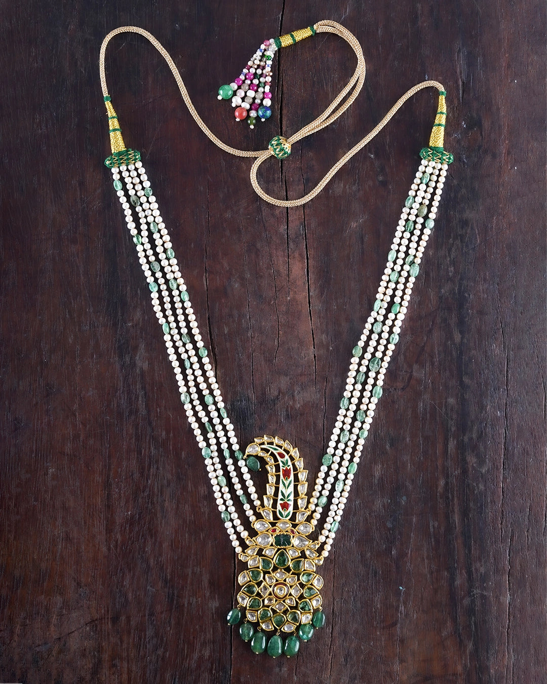 Nawaz polki and emerald bridal necklace with pearls and meenakari