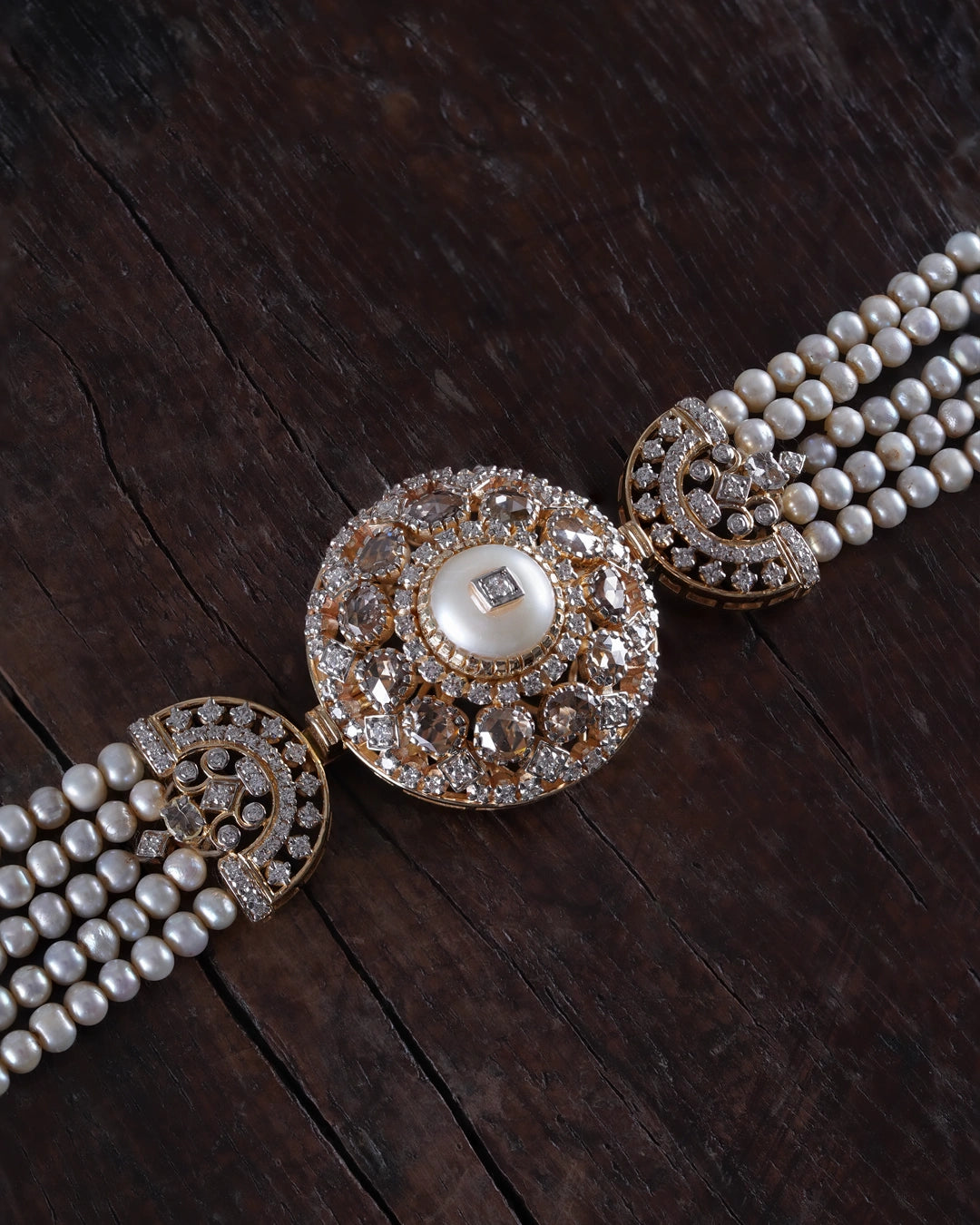 Riviera diamond choker necklace with cultured pearls and rose cut diamonds