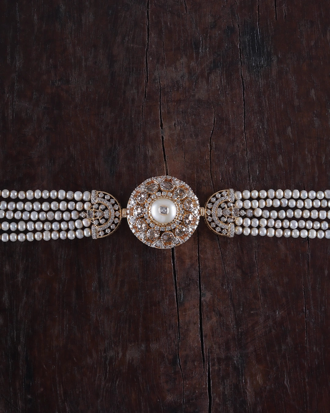 Riviera diamond choker necklace with cultured pearls and rose cut diamonds