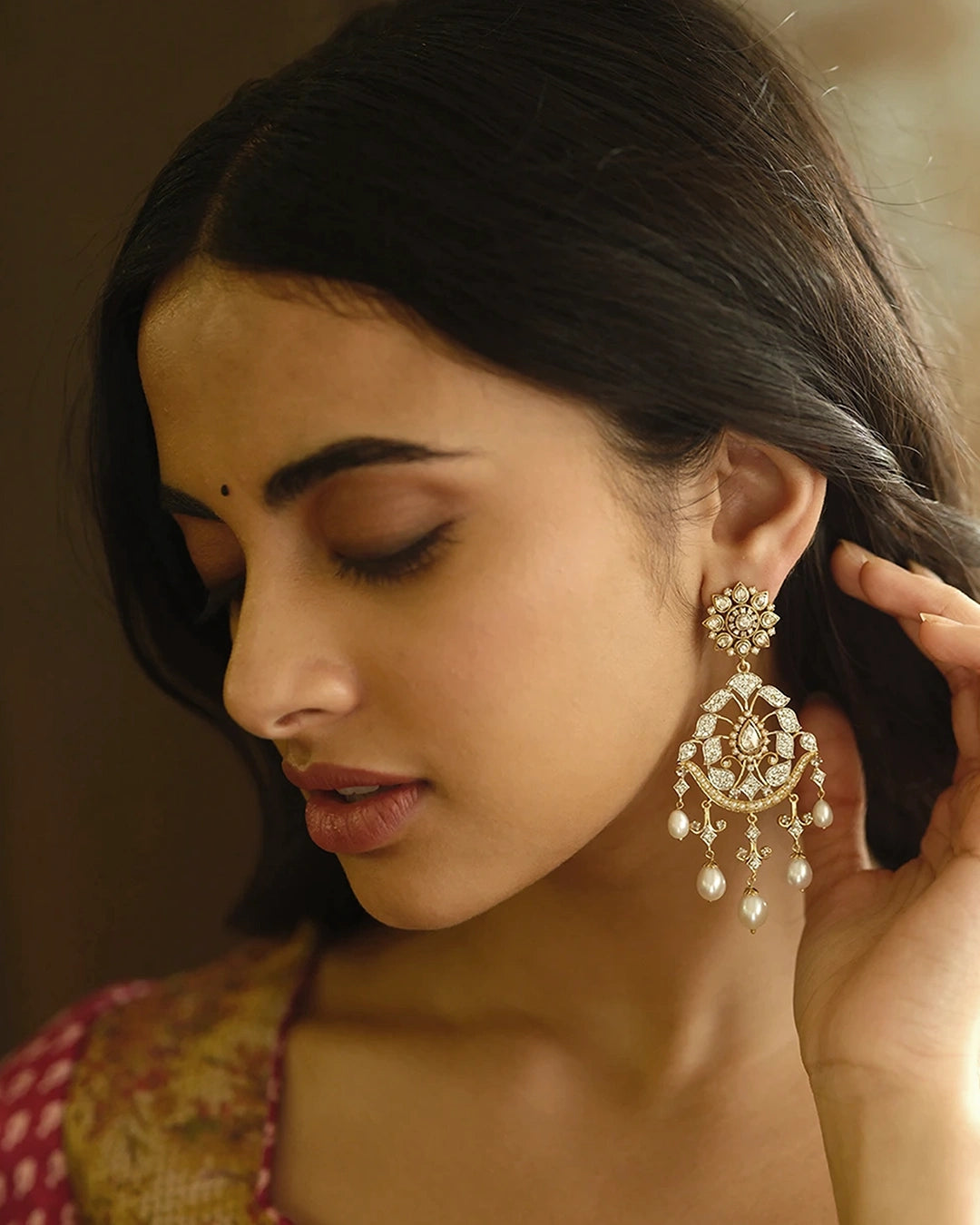 Shirin earrings in gold with Hyderabadi-style rose-cut diamond cluster stud and pearl-traced crescent framing a brilliant-cut diamond floral motif, finished with cultured pearl drops