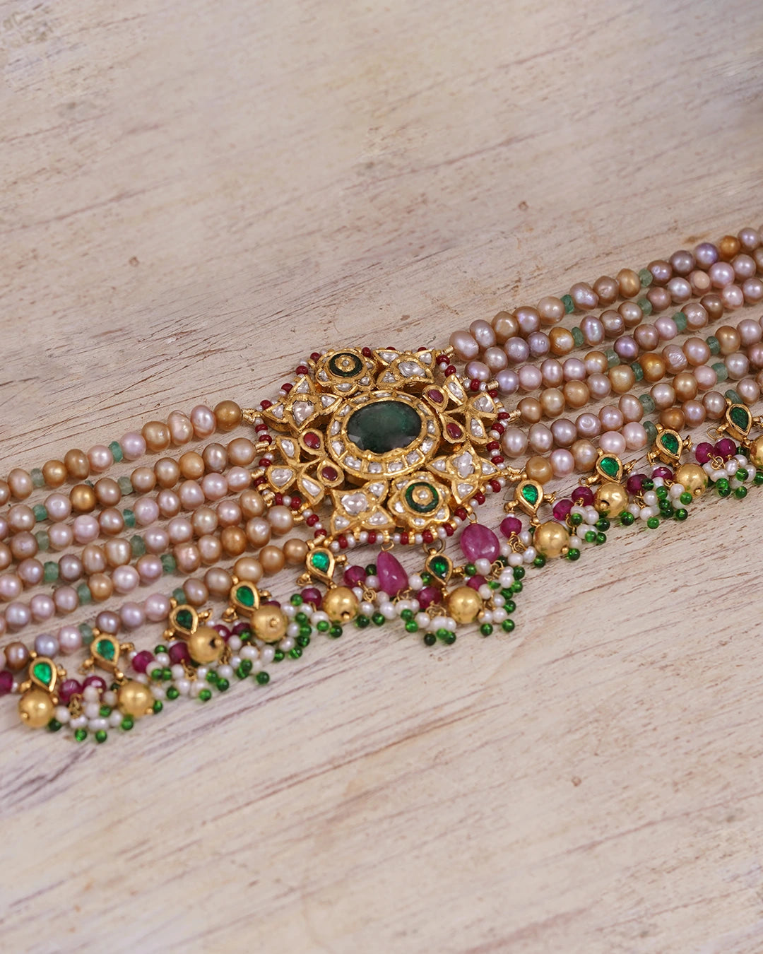 gold polki emerald and pearl choker necklace