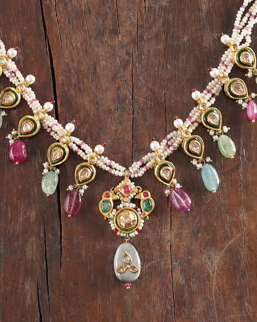 Vami Polki Necklace with Pearl Strands, Ruby & Emerald Drops