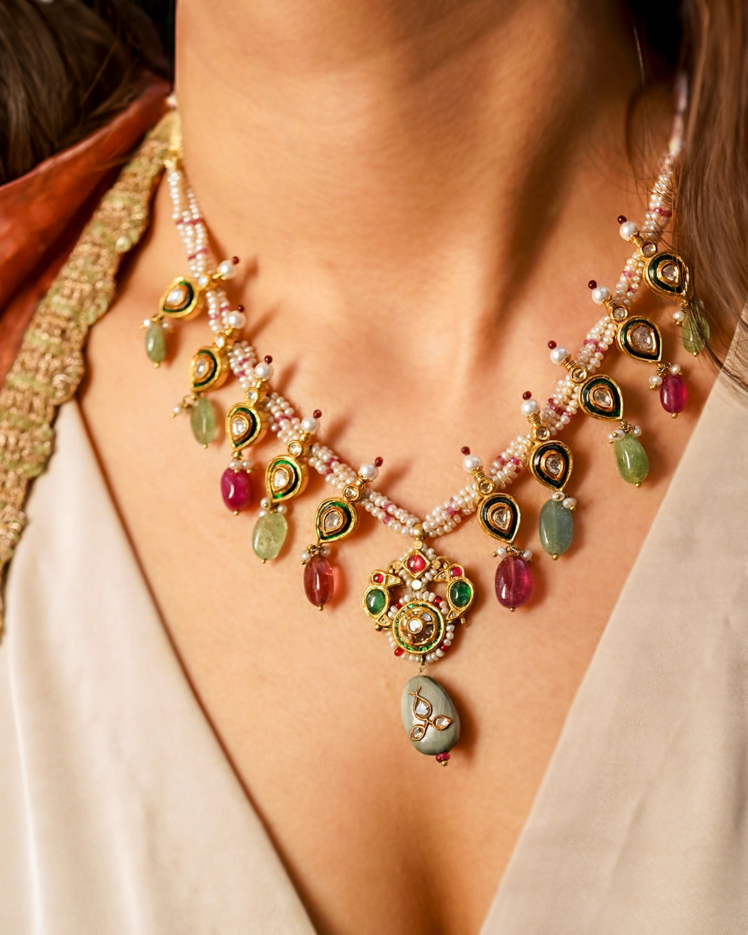 Vami Polki Necklace with Pearl Strands, Ruby & Emerald Drops
