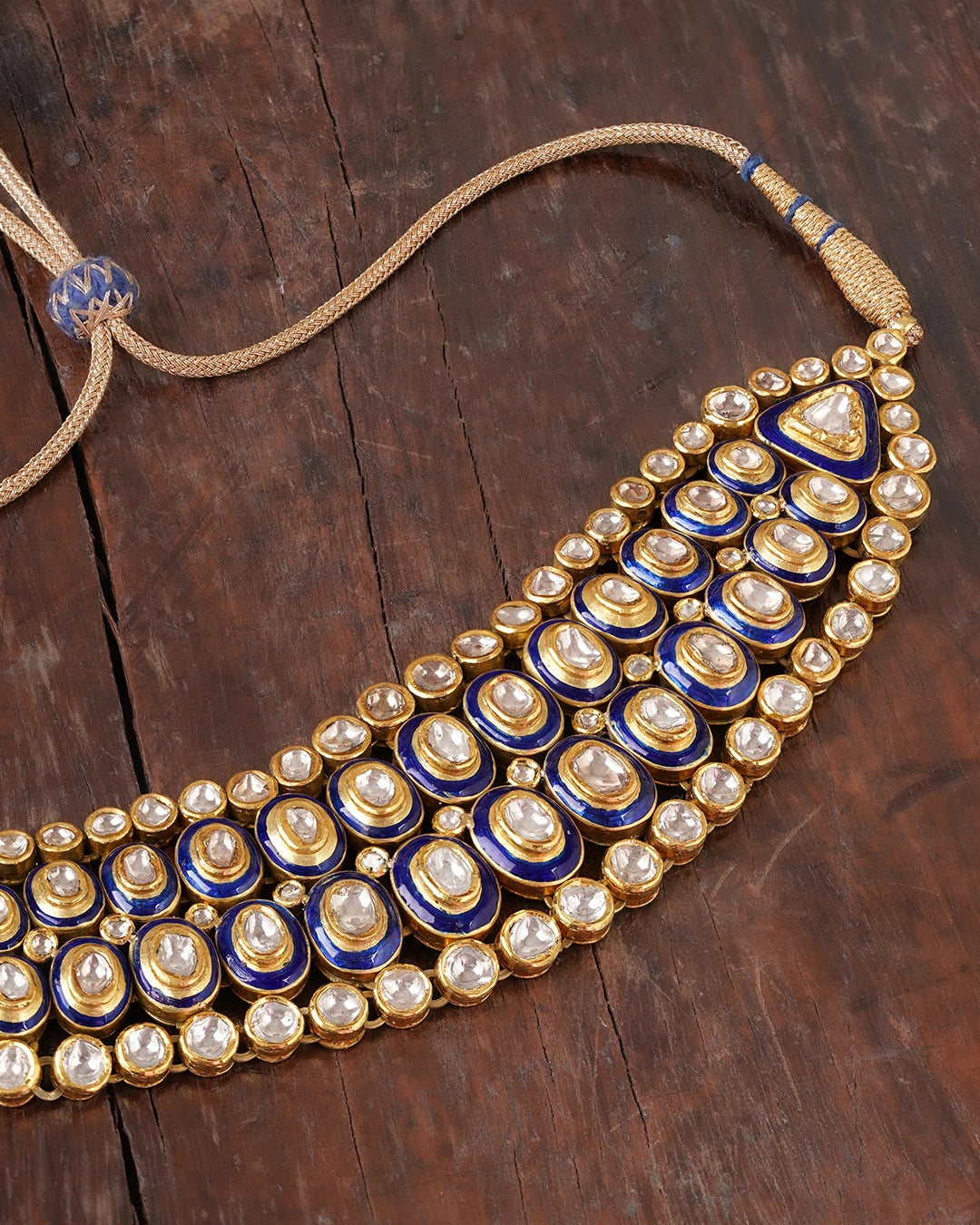 Vivir gold Polki collar necklace with graduated uncut diamonds and cobalt blue enamel borders