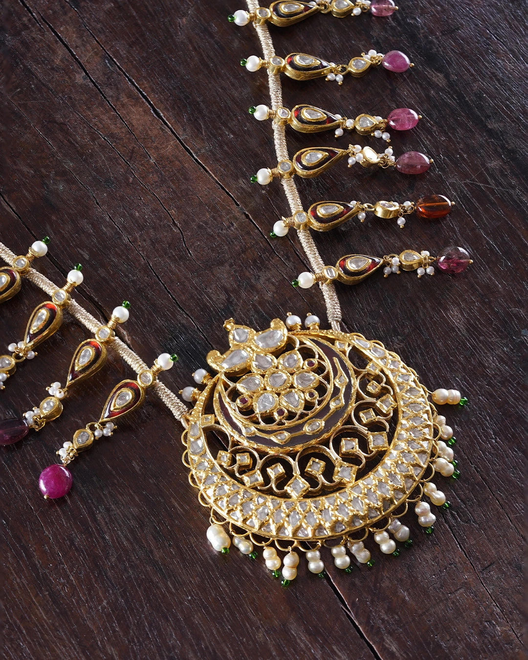 Yug Polki Kundan necklace with chaand motif pearls and red enamel