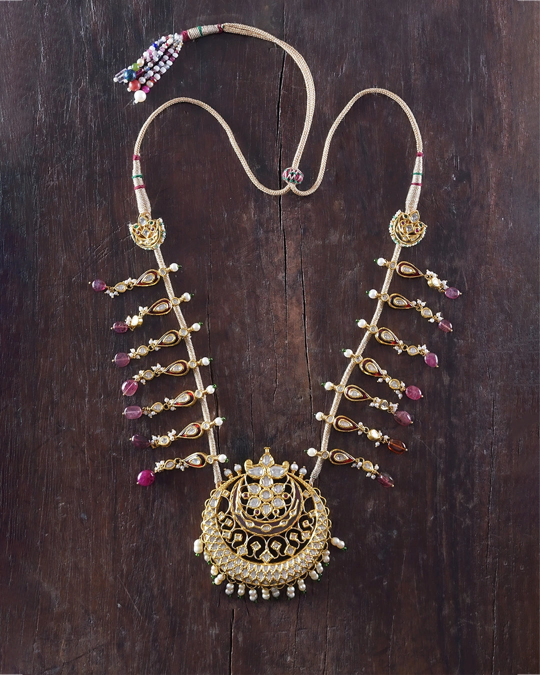 Yug Polki Kundan necklace with chaand motif pearls and red enamel