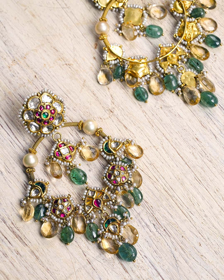 Vasundhara Yellow And Green Gemstone Gold Baali Earrings – Artisanal ...